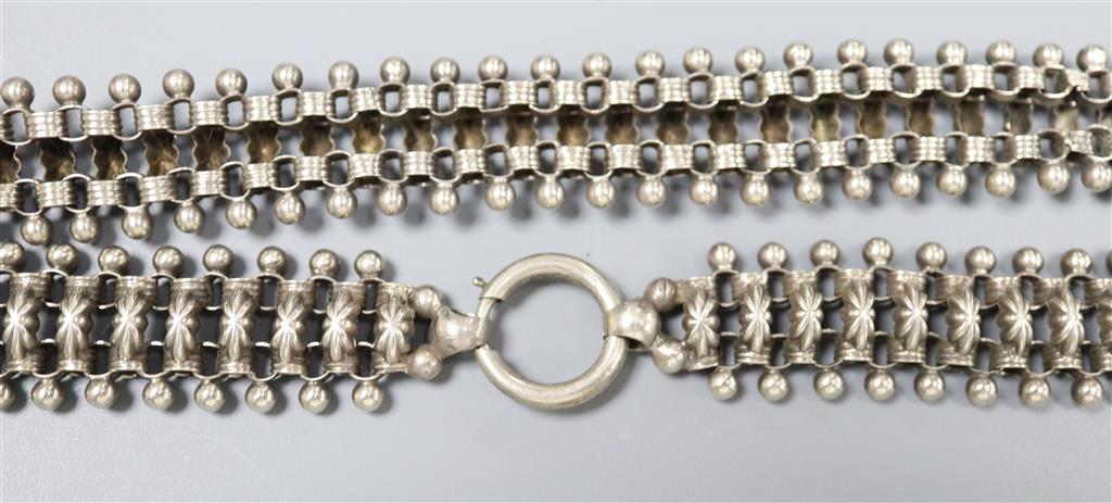 An early to mid 20th century white metal fancy fringe necklace, 40cm, 33.8 grams.